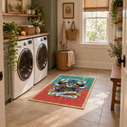 Vintage chef cooking area rug in coral, teal, yellow, and black, wide interior view