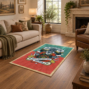 Vintage chef cooking area rug in coral, teal, yellow, and black, design detail view