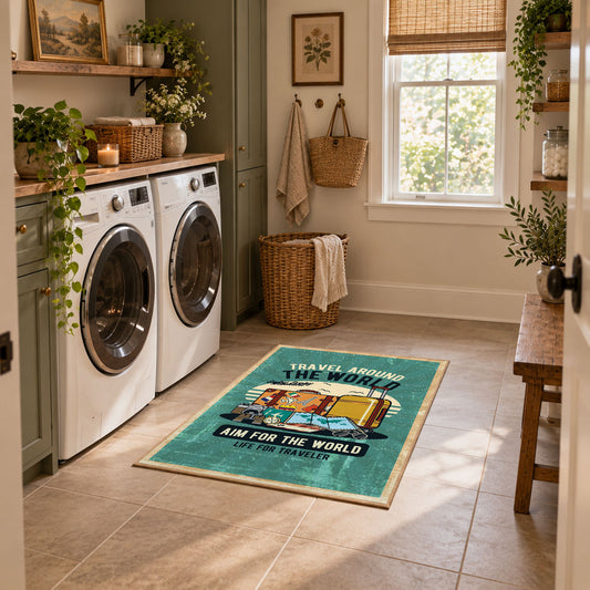 Retro camper travel area rug in teal, yellow, orange, and cream, featured room view