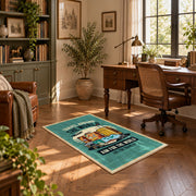 Retro camper travel area rug in teal, yellow, orange, and cream, complete product view
