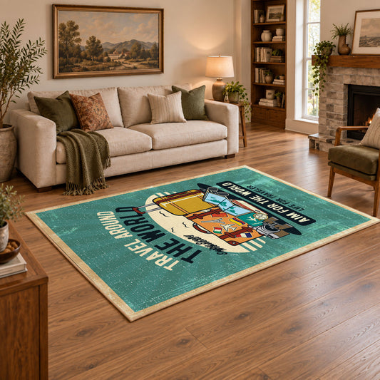 Retro camper travel area rug in teal, yellow, orange, and cream, angled room view