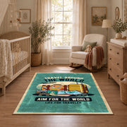 Retro camper travel area rug in teal, yellow, orange, and cream, full pattern view