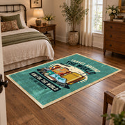 Retro camper travel area rug in teal, yellow, orange, and cream, soft surface detail