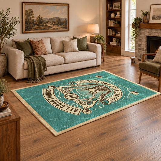 Hunting and fishing emblem area rug in teal, cream, brown, and black, angled room view