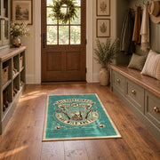 Hunting and fishing emblem area rug in teal, cream, brown, and black, front room mockup