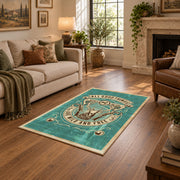 Hunting and fishing emblem area rug in teal, cream, brown, and black, design detail view