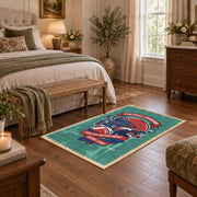 American football helmet area rug in teal, red, navy, and white, cozy home setting
