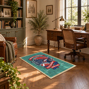 American football helmet area rug in teal, red, navy, and white, complete product view