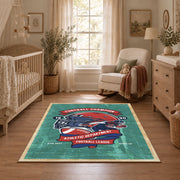 American football helmet area rug in teal, red, navy, and white, full pattern view
