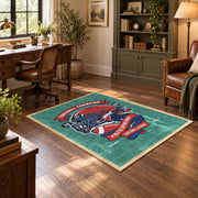 American football helmet area rug in teal, red, navy, and white, wood floor styling