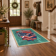 American football helmet area rug in teal, red, navy, and white, close decorative detail