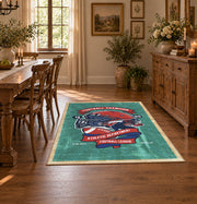 American football helmet area rug in teal, red, navy, and white, front room mockup