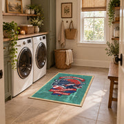 American football helmet area rug in teal, red, navy, and white, design detail view