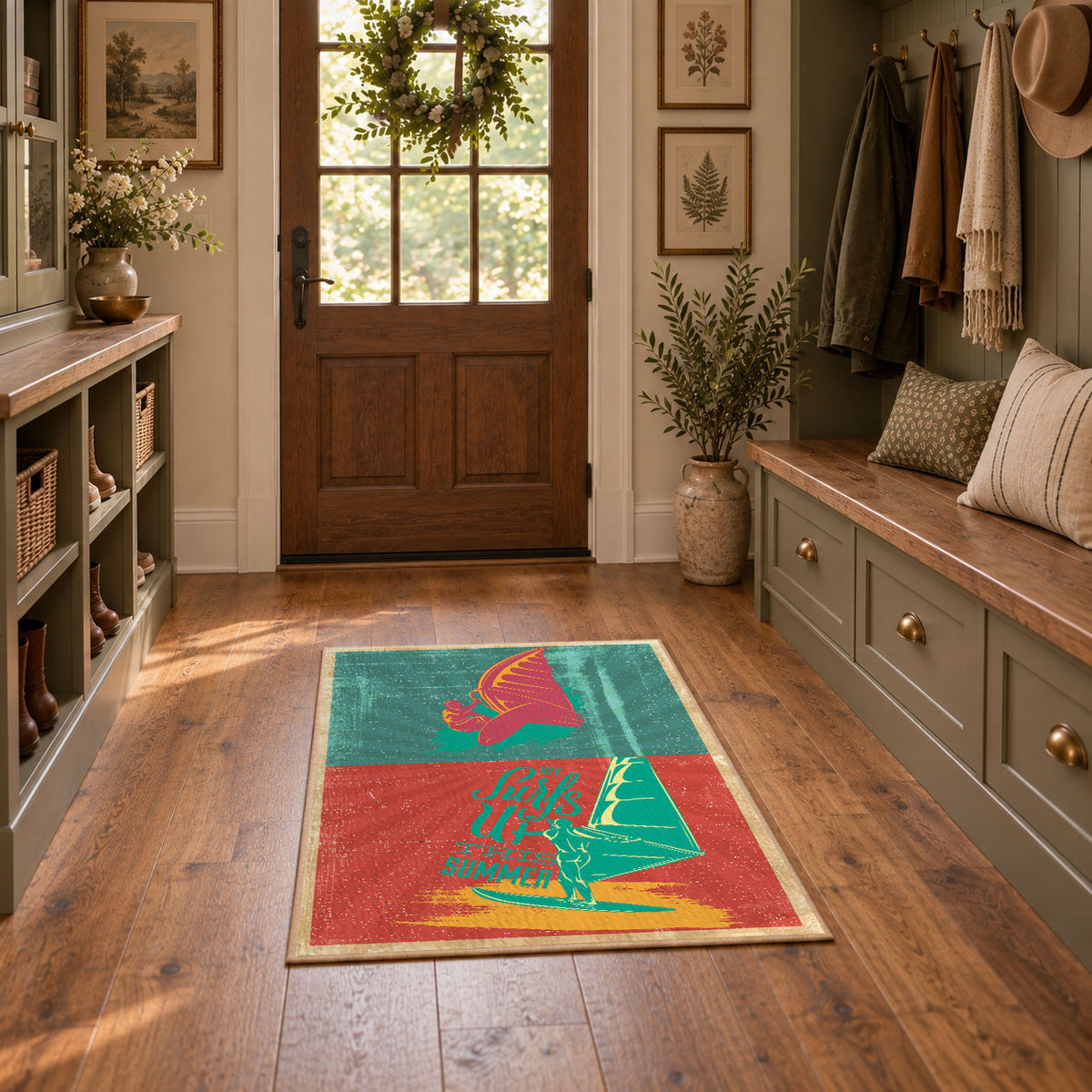 Retro mushroom graphic area rug in coral, teal, yellow, and pink, featured room view