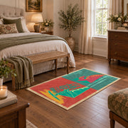 Retro mushroom graphic area rug in coral, teal, yellow, and pink, cozy home setting