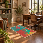 Retro mushroom graphic area rug in coral, teal, yellow, and pink, complete product view