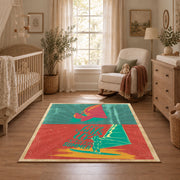 Retro mushroom graphic area rug in coral, teal, yellow, and pink, full pattern view