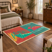 Retro mushroom graphic area rug in coral, teal, yellow, and pink, soft surface detail