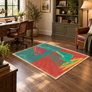 Retro mushroom graphic area rug in coral, teal, yellow, and pink, wood floor styling