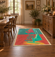 Retro mushroom graphic area rug in coral, teal, yellow, and pink, front room mockup