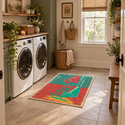 Retro mushroom graphic area rug in coral, teal, yellow, and pink, wide interior view