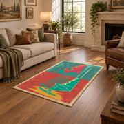 Retro mushroom graphic area rug in coral, teal, yellow, and pink, design detail view