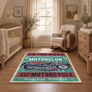 Vintage motorcycle graphic area rug in teal, red, cream, and black, full pattern view
