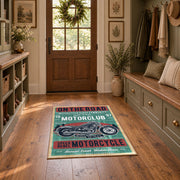 Vintage motorcycle graphic area rug in teal, red, cream, and black, front room mockup