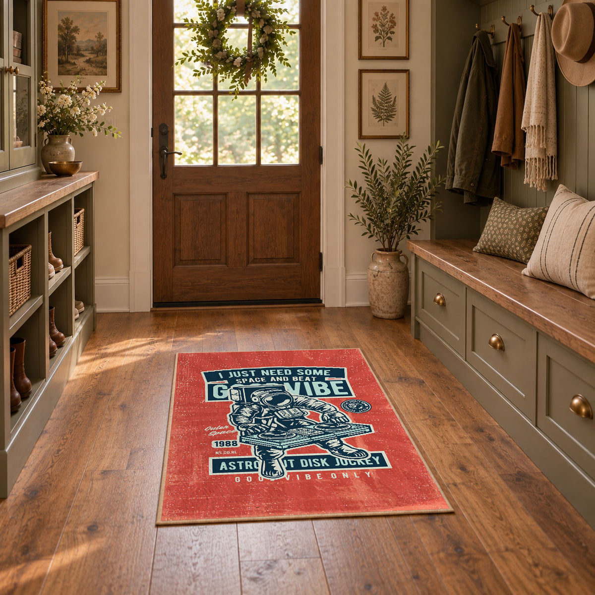 Skull mechanic workshop area rug in red, teal, cream, and black, featured room view