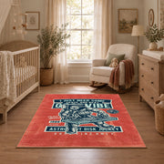 Skull mechanic workshop area rug in red, teal, cream, and black, full pattern view