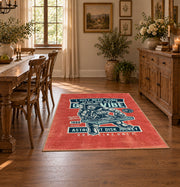Skull mechanic workshop area rug in red, teal, cream, and black, front room mockup