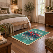 Classic muscle car area rug in teal, red, black, and cream, cozy home setting