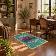 Classic muscle car area rug in teal, red, black, and cream, complete product view