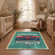 Classic muscle car area rug in teal, red, black, and cream, full pattern view