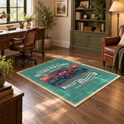 Classic muscle car area rug in teal, red, black, and cream, wood floor styling