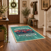 Classic muscle car area rug in teal, red, black, and cream, close decorative detail