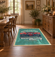 Classic muscle car area rug in teal, red, black, and cream, front room mockup