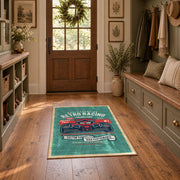 Classic muscle car area rug in teal, red, black, and cream, wide interior view