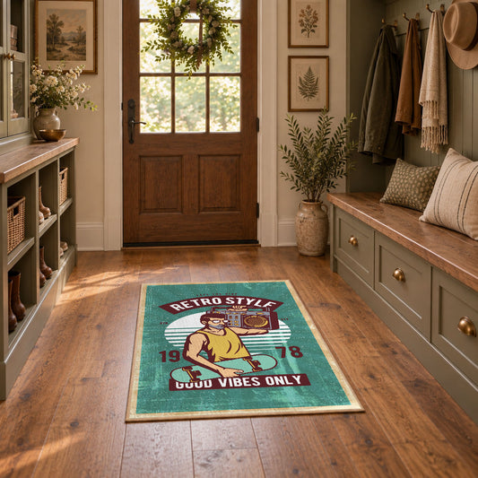 Retro electronics repair area rug in teal, cream, yellow, and burgundy, featured room view