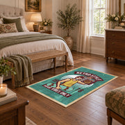 Retro electronics repair area rug in teal, cream, yellow, and burgundy, cozy home setting