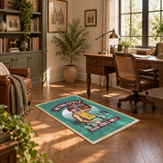 Retro electronics repair area rug in teal, cream, yellow, and burgundy, complete product view