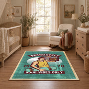 Retro electronics repair area rug in teal, cream, yellow, and burgundy, full pattern view