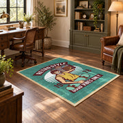 Retro electronics repair area rug in teal, cream, yellow, and burgundy, wood floor styling