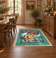 Retro electronics repair area rug in teal, cream, yellow, and burgundy, front room mockup