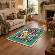 Retro electronics repair area rug in teal, cream, yellow, and burgundy, design detail view