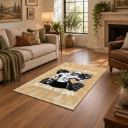 Vintage bodybuilding area rug in beige, black, white, and gold, cozy home setting
