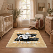 Vintage bodybuilding area rug in beige, black, white, and gold, full pattern view
