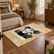 Vintage bodybuilding area rug in beige, black, white, and gold, soft surface detail