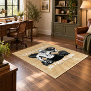 Vintage bodybuilding area rug in beige, black, white, and gold, wood floor styling
