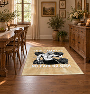 Vintage bodybuilding area rug in beige, black, white, and gold, front room mockup